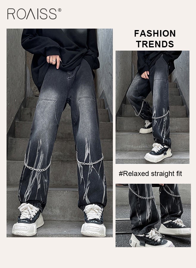 رويس بنطلون جينز رجالي بساق مستقيمة وجيوب، بنطلون جينز مصبوغ برباط مع زخرفة سلسلة، بنطلون مريح ومناسب للبشرة للرجال، مناسب للارتداء اليومي أو أي أنشطة خارجية - Image 4